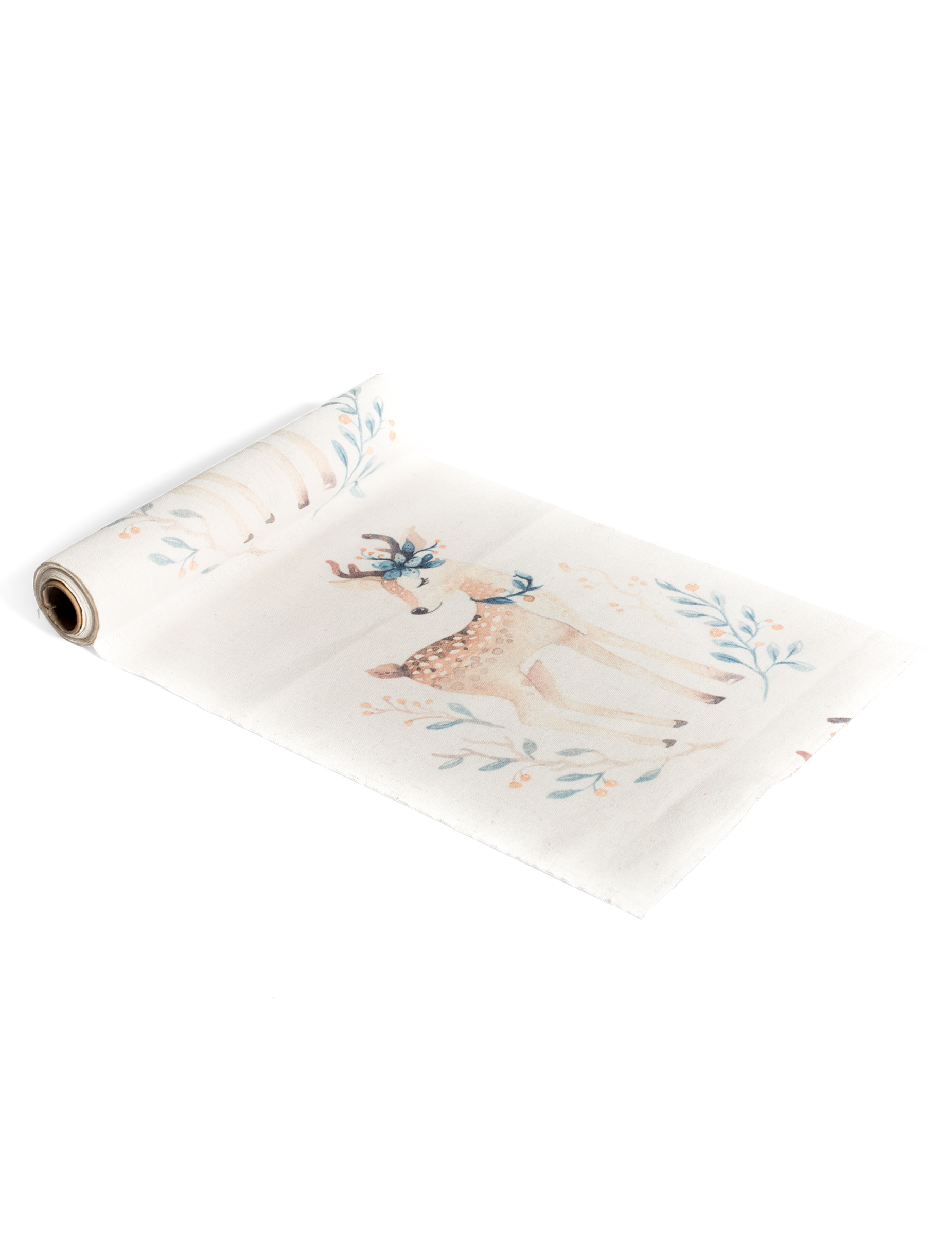 Chemin de table en lin Jolie Biche blanc avec motif faon et fleurs