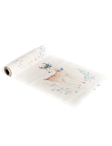 Chemin de table en lin Jolie Biche blanc avec motif faon et fleurs