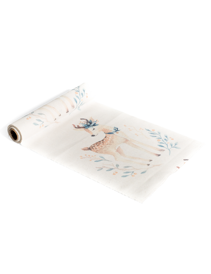 Chemin de table en lin Jolie Biche blanc avec motif faon et fleurs