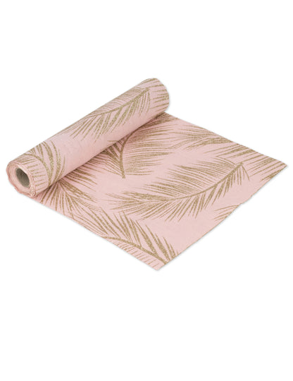 Prtljažnik iz lanenega perila v pudrasto roza barvi z zlatimi praprotmi 28 cm x 5 m tropski