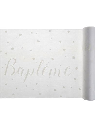 Chemin de table intissé baptême blanc à cœurs gris