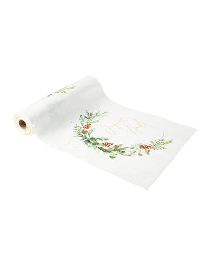 Chemin de table forêt enchantée pour Noël blanc en velours avec motifs et texte joyeux noël
