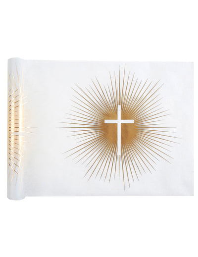 Chemin de table intissé de cérémonie blanc et doré avec croix