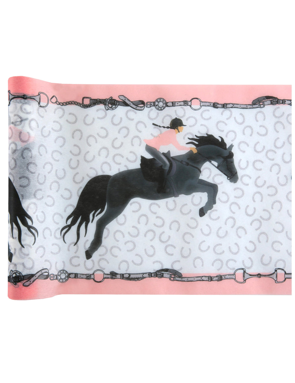 Chemin de table intissé équitation cavalier et cheval pour fête rose et blanc