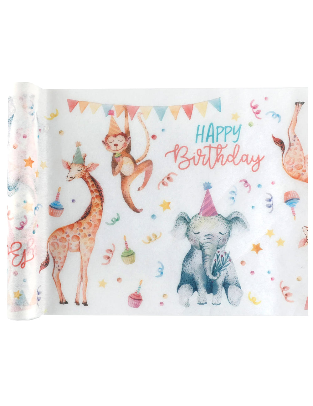Chemin de table safari party pour anniversaire blanc avec animaux et Happy Birthday