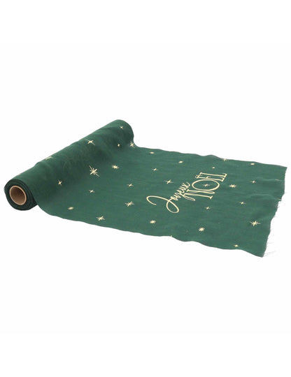 Chemin de table Joyeux Noël L'Intemporel vert anglais et or 28 cm x 3 m