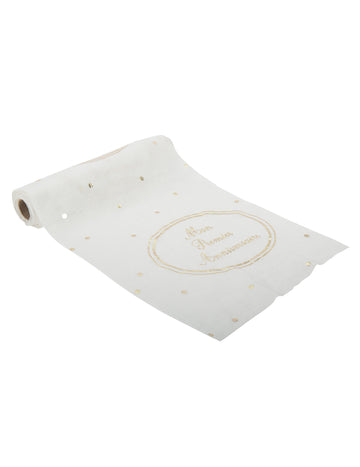 Chemin de table en gaze de coton Mon Premier Anniversaire pour enfant blanc et or