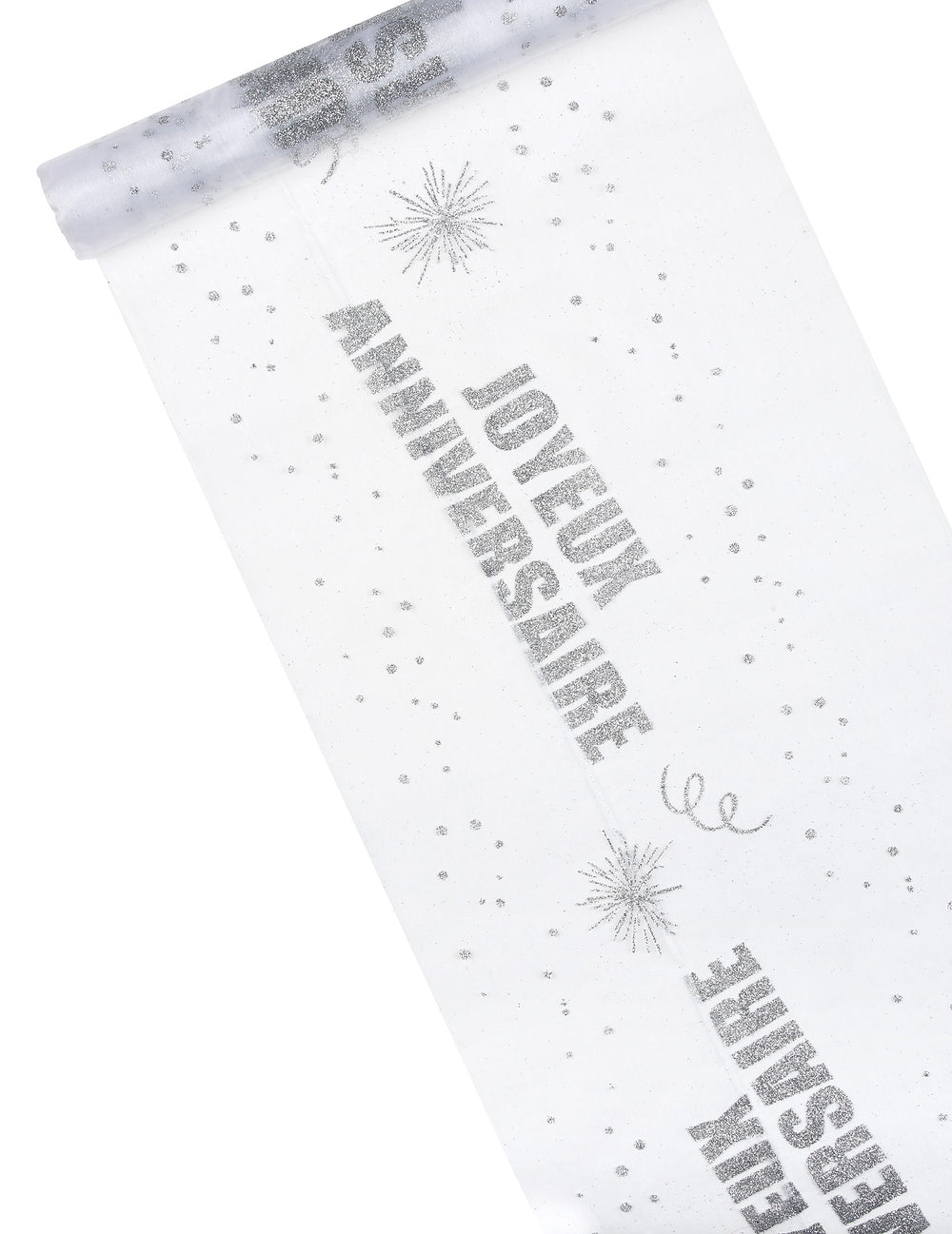 Chemin de table organza Joyeux anniversaire argent pailleté