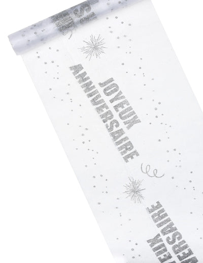 Chemin de table organza Joyeux anniversaire argent pailleté