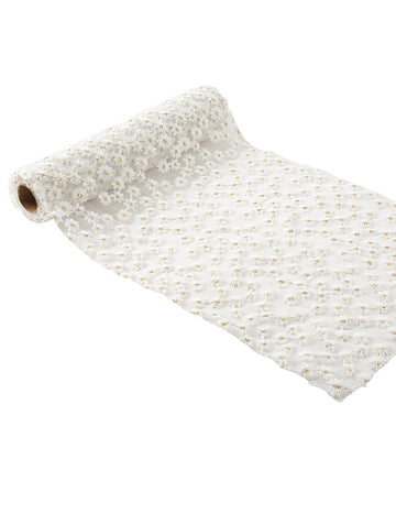 Vezen belo-zlat voile prt za mizo, 24 cm x 3 m, z rožami