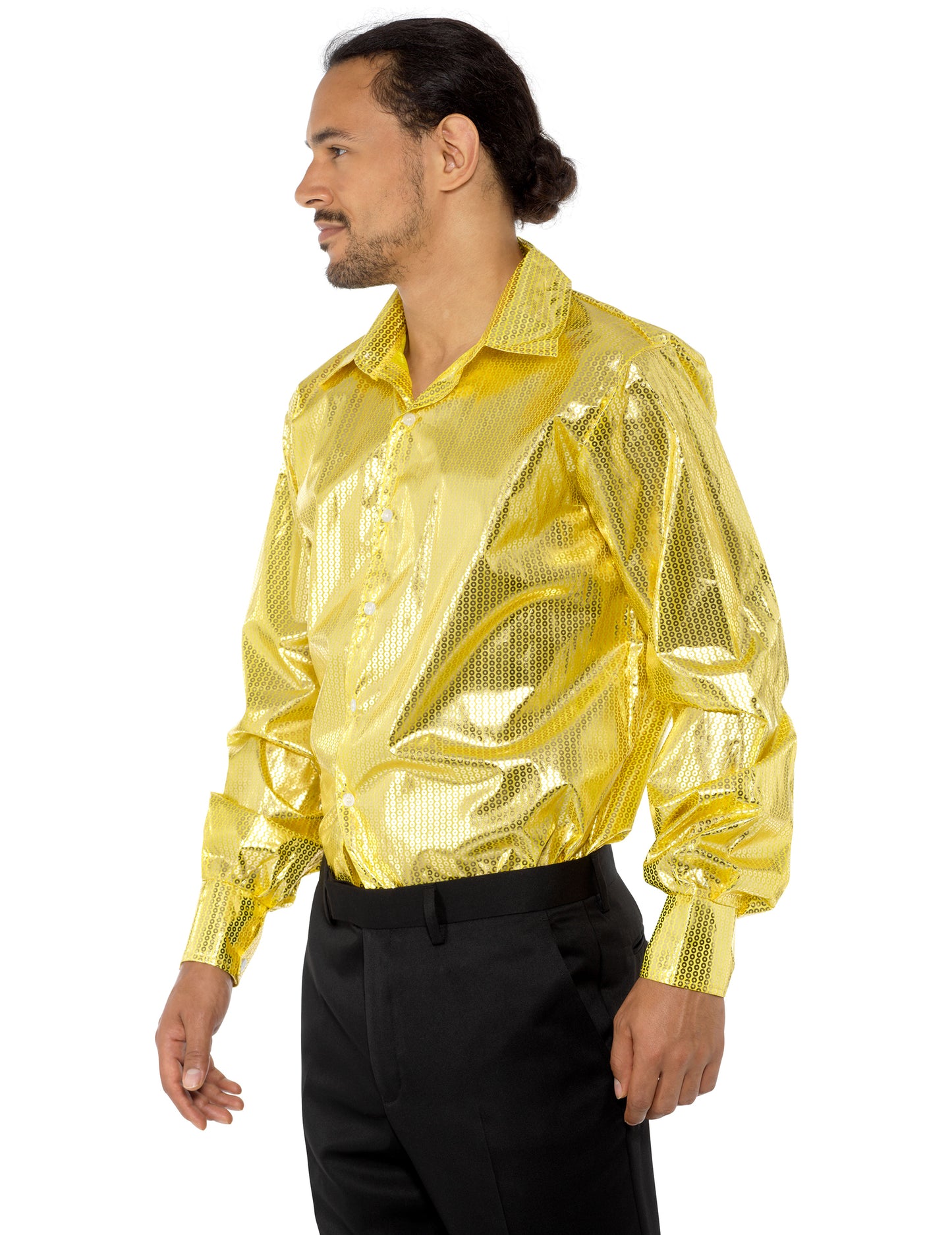 Vue de trois-quarts de la chemise disco pour homme à sequins dorés