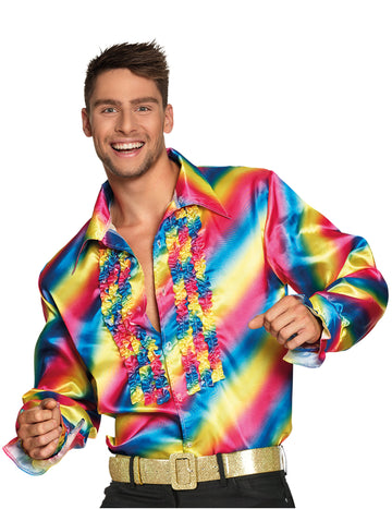 Chemise disco arc-en-ciel pour adulte à jabot multicolore satinée