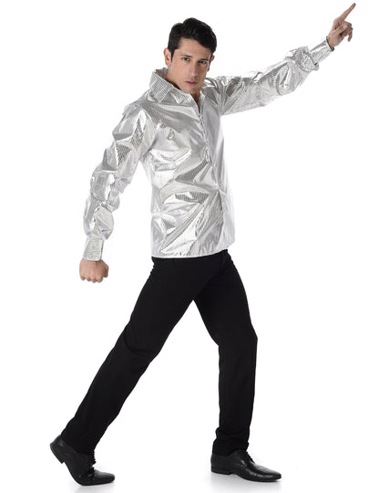 Chemise disco brillante pour homme argent