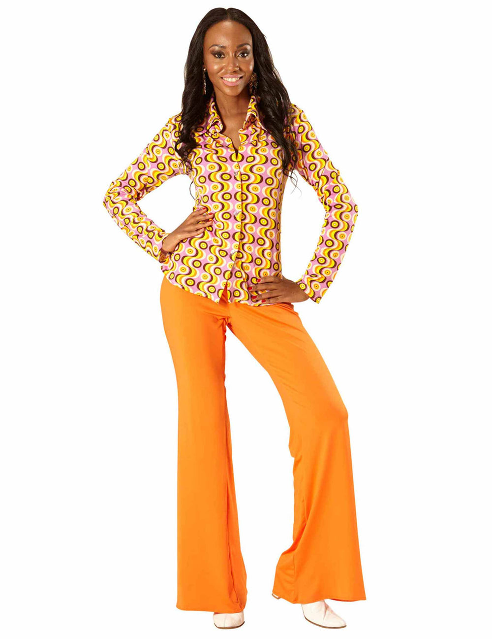 Chemise groovy disco années 70 pour femme à motifs psychédéliques roses et jaunes