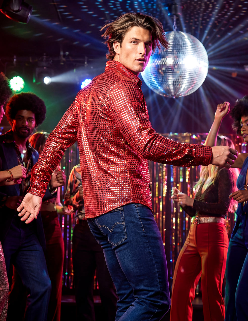 Chemise disco pour homme rouge haut de gamme à paillettes