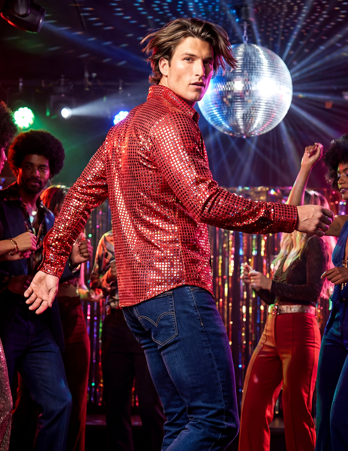 Chemise disco pour homme rouge haut de gamme à paillettes