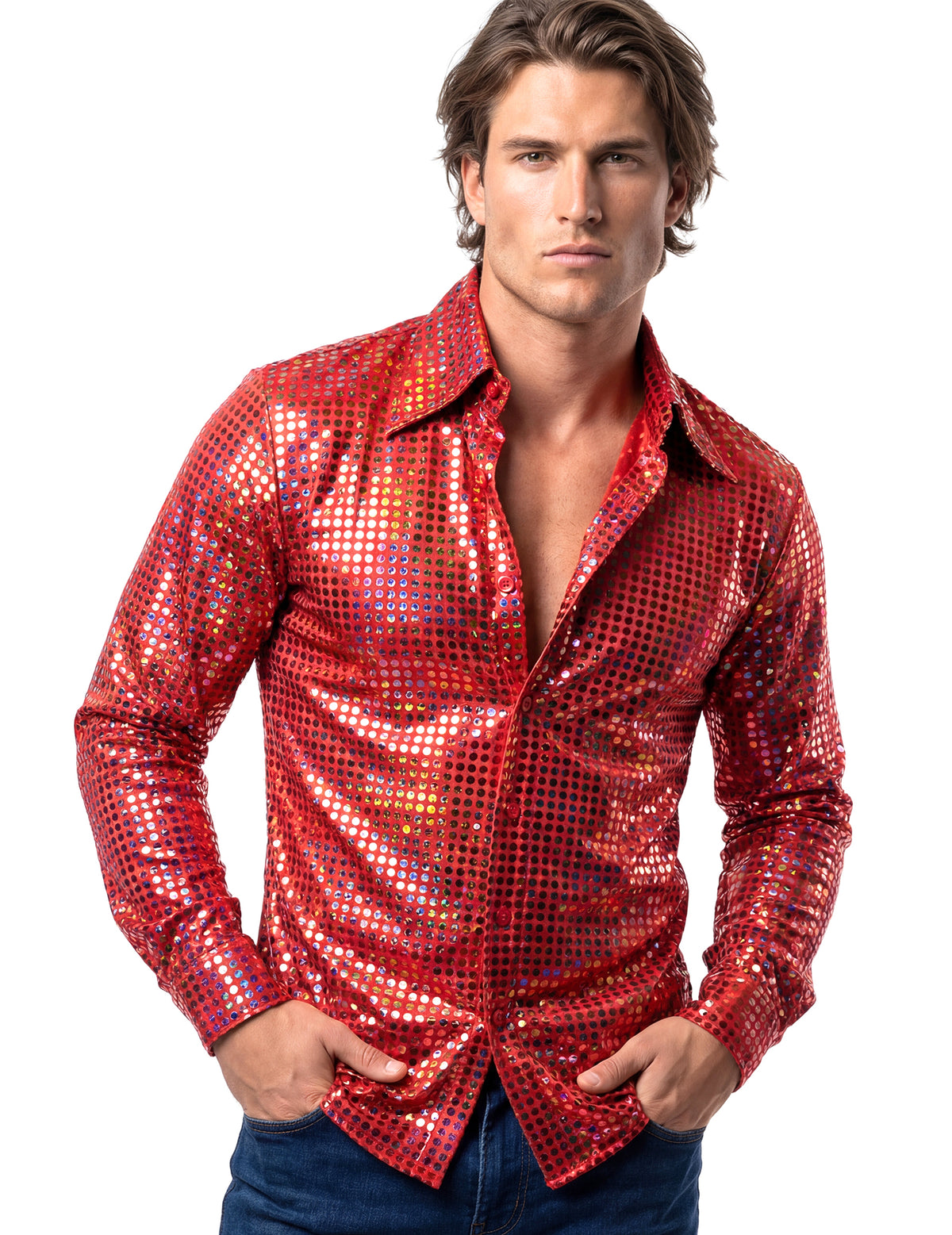 Gros plan de la chemise disco pour homme rouge haut de gamme