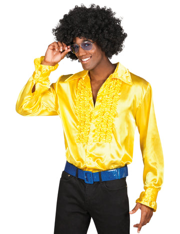 Chemise disco pour homme jaune satinée à jabots