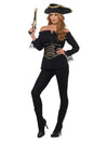 Chemise pirate luxe pour femme noire avec détails dorés et dentelle aux manches