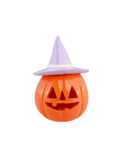 Dekorativna buča Summerween iz oranžne smole z lila klobukom 12,5 x 12,3 x 17 cm