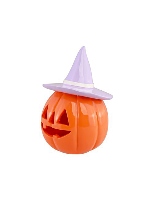 Dekorativna buča Summerween iz oranžne smole z lila klobukom 12,5 x 12,3 x 17 cm