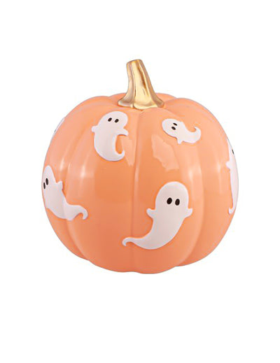 Dekorativna buča Summerween iz pastelno oranžne smole z duhovi 14,5 x 14,5 x 14,8 cm