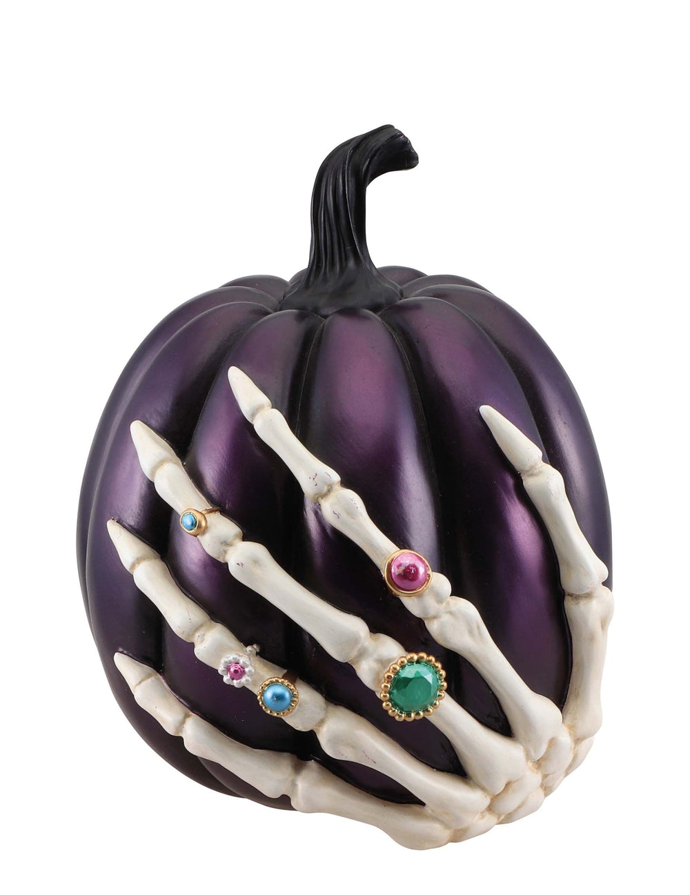 Citrouille en résine main squelette pour Halloween violette avec bagues colorées