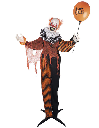 Clown maléfique animé sur pied pour Halloween orange et noir avec ballon