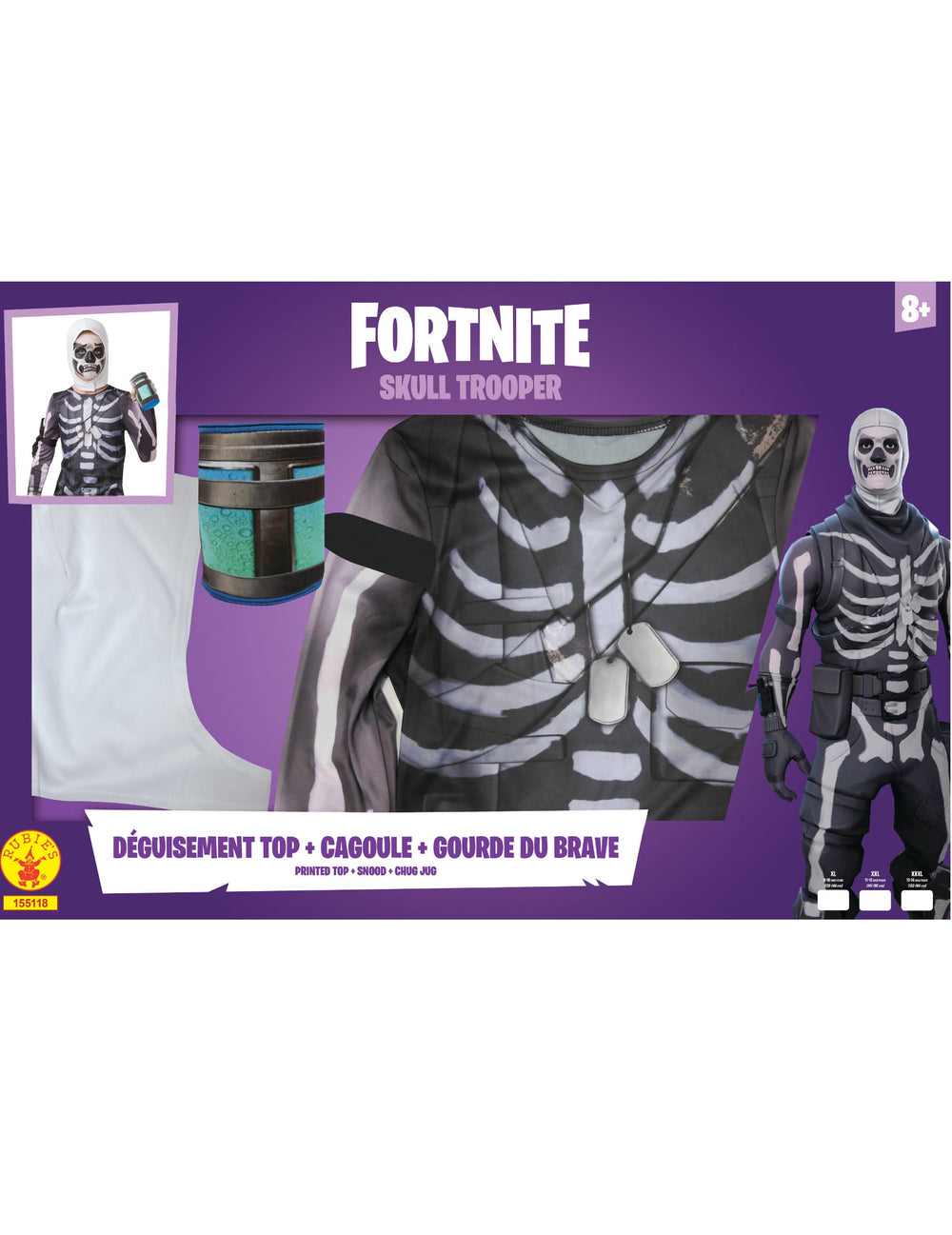 Détails du top de la cagoule et de la gourde du coffret de déguisement Skull Trooper Fortnite