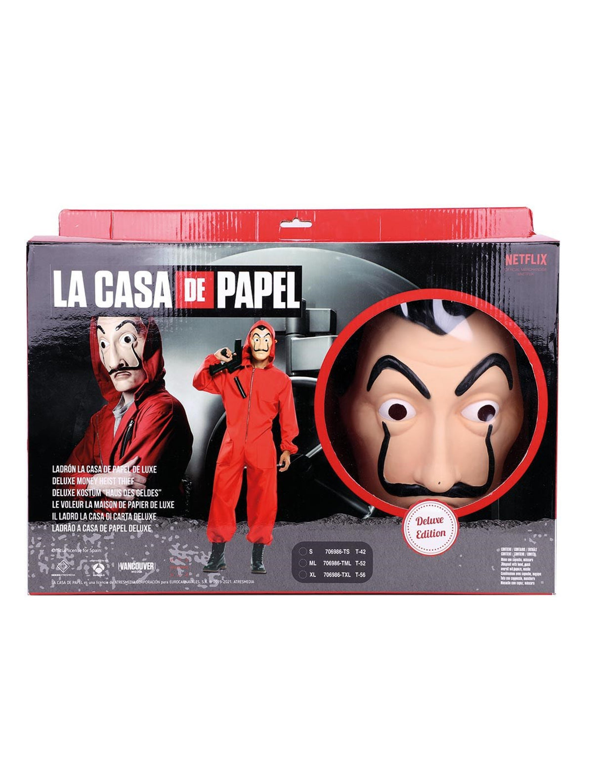 Vue de l'emballage du coffret déguisement et masque luxe La Casa de Papel pour adulte