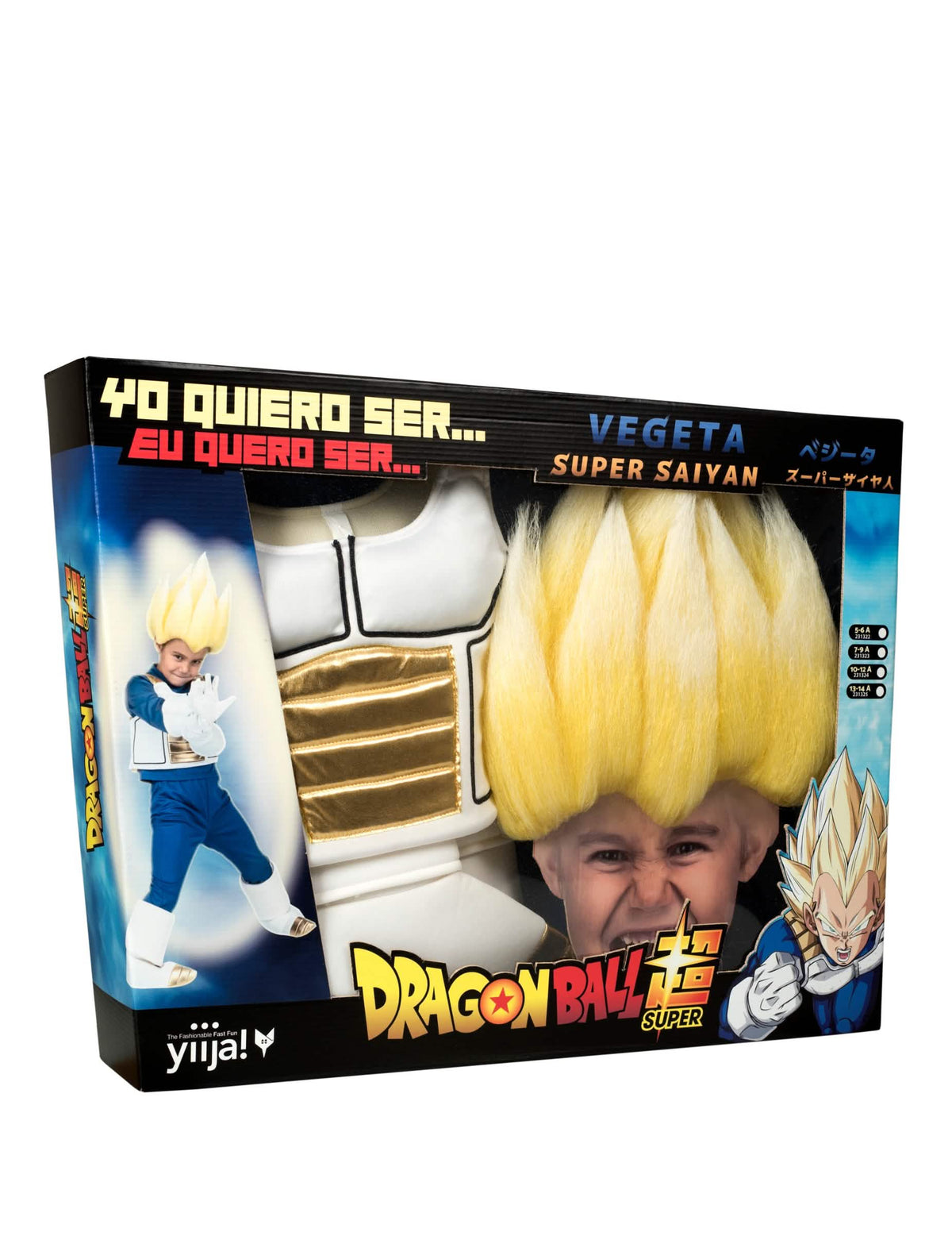 Pogled s treh četrtin na paket kostuma Super Saiyan Vegeta Dragon Ball