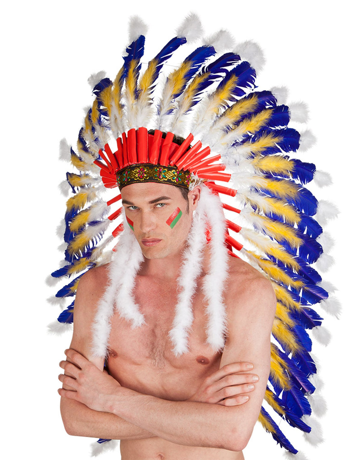 Coiffe de chef indien pour adulte bleue jaune et blanche avec bandeau rouge