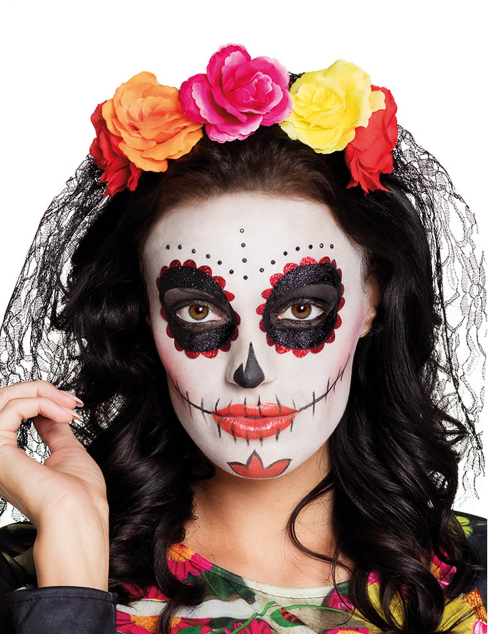 naglavni okras Dia de los muertos za odrasli z velikimi večbarvnimi vrtnicami in črno čipkasto tančico