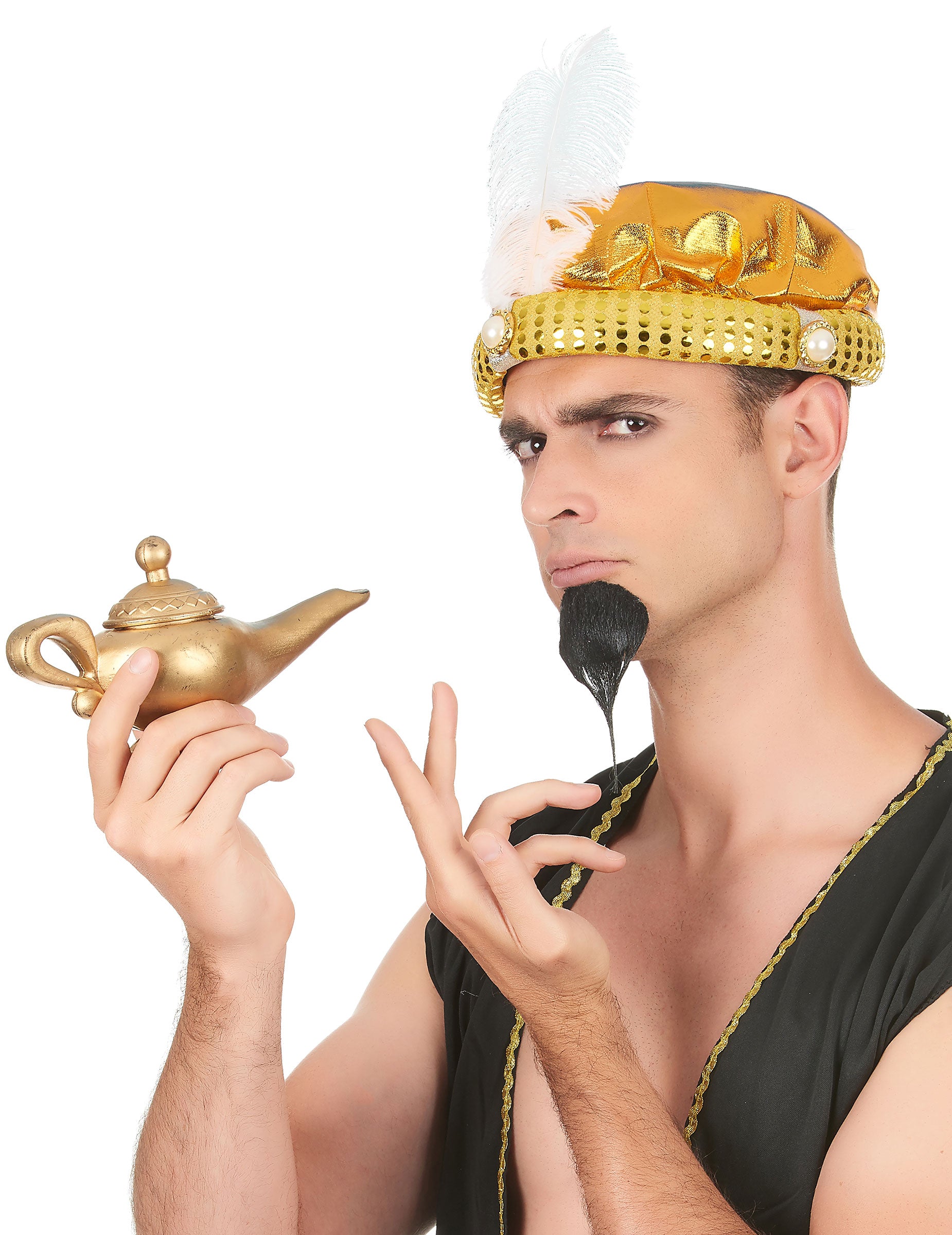 Coiffe turban sultan pour adulte doré avec plume blanche