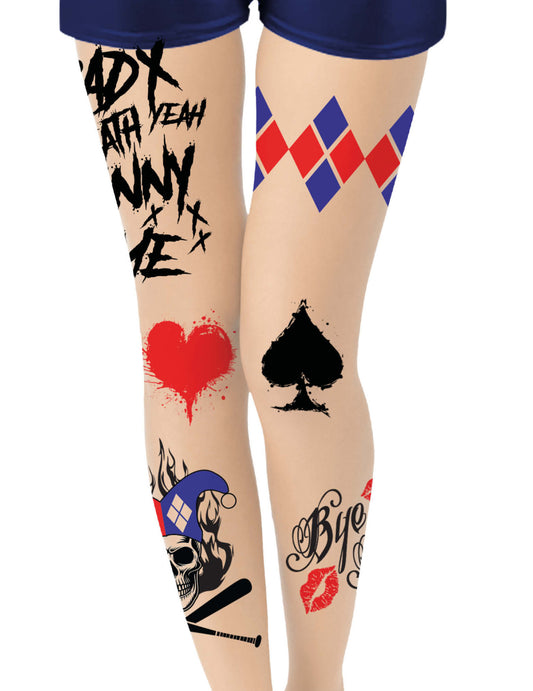 Collants arlequin maléfique pour adulte beige avec motifs tatouages rouges et bleus