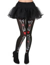 Collants squelette Dia de los muertos pour femme noirs avec motifs d'os et fleurs rouges