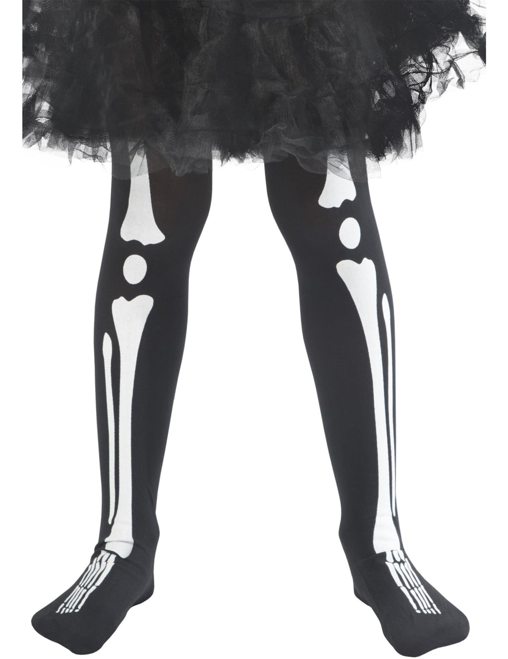 Gros plan sur l'imprimé os des jambes du collants squelette Halloween
