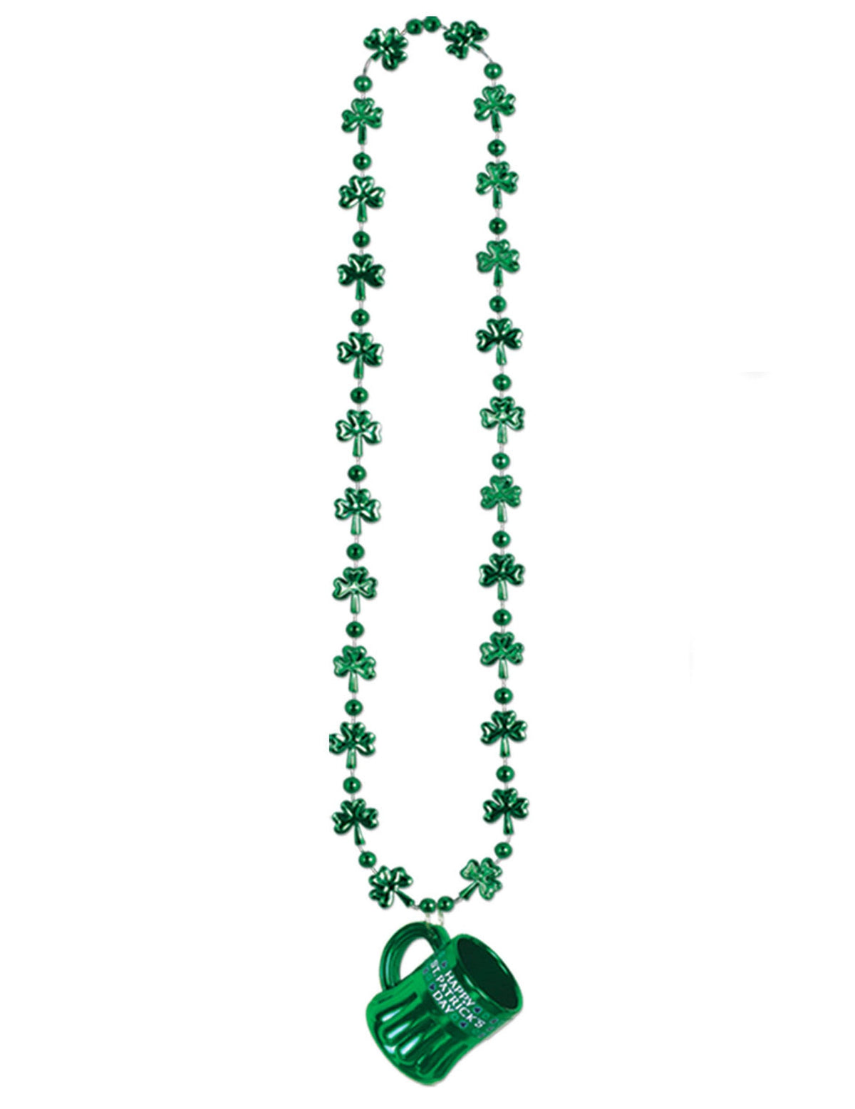 Collier St Patrick pour adulte vert avec pendentif chope et perles trèfles