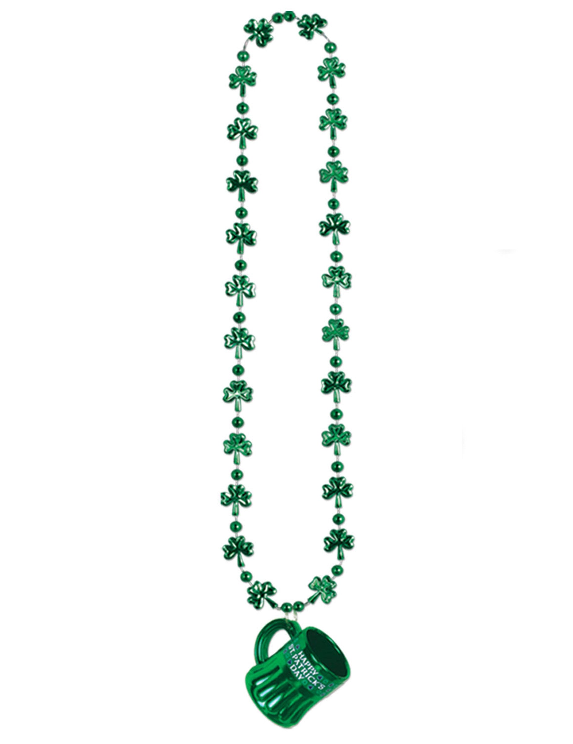 Collier St Patrick pour adulte vert avec pendentif chope et perles trèfles