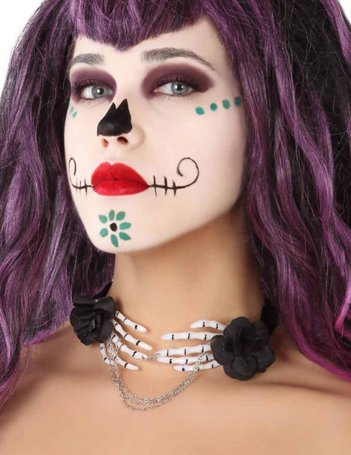Ogrlica z rokami okostnjaka dia de los muertos za odrasli bela in črna z črnimi cvetovi in verižicami