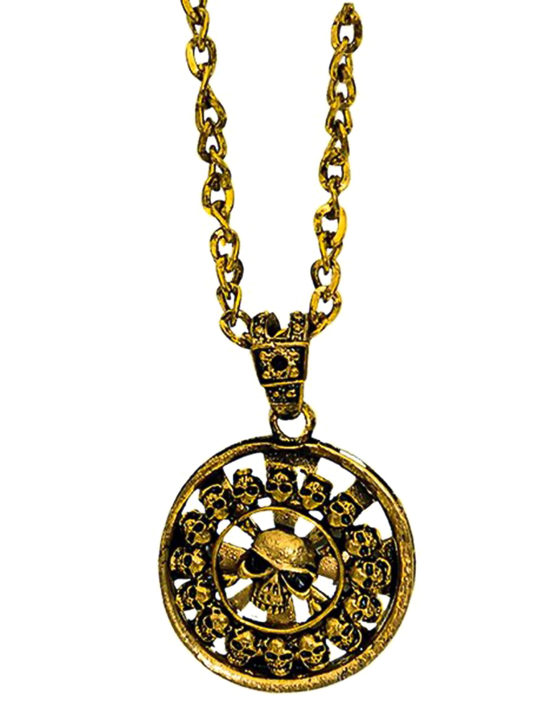Collier pendentif pirate pour adulte doré avec têtes de mort