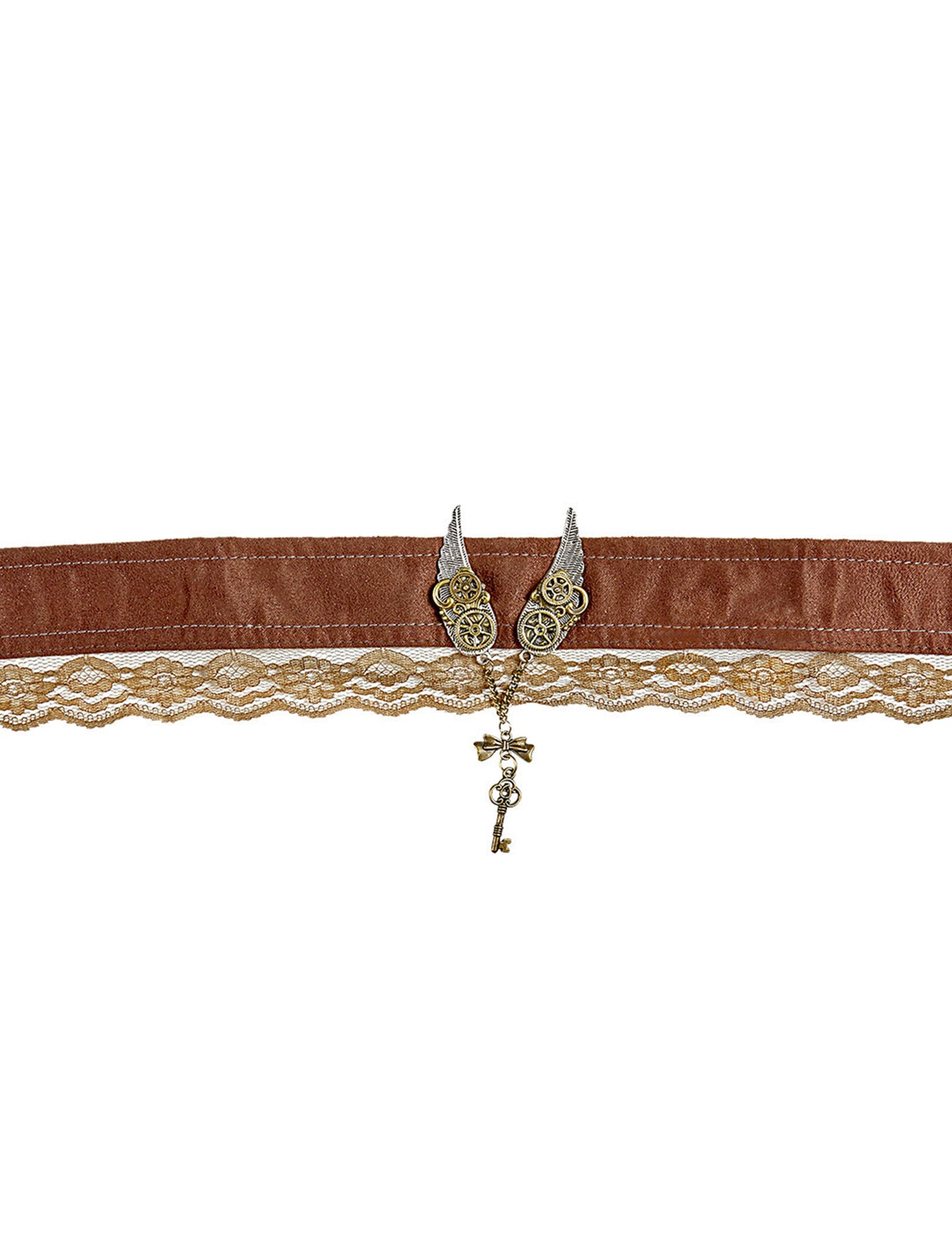 Collier ras de cou steampunk pour adulte marron avec dentelle et breloque clef