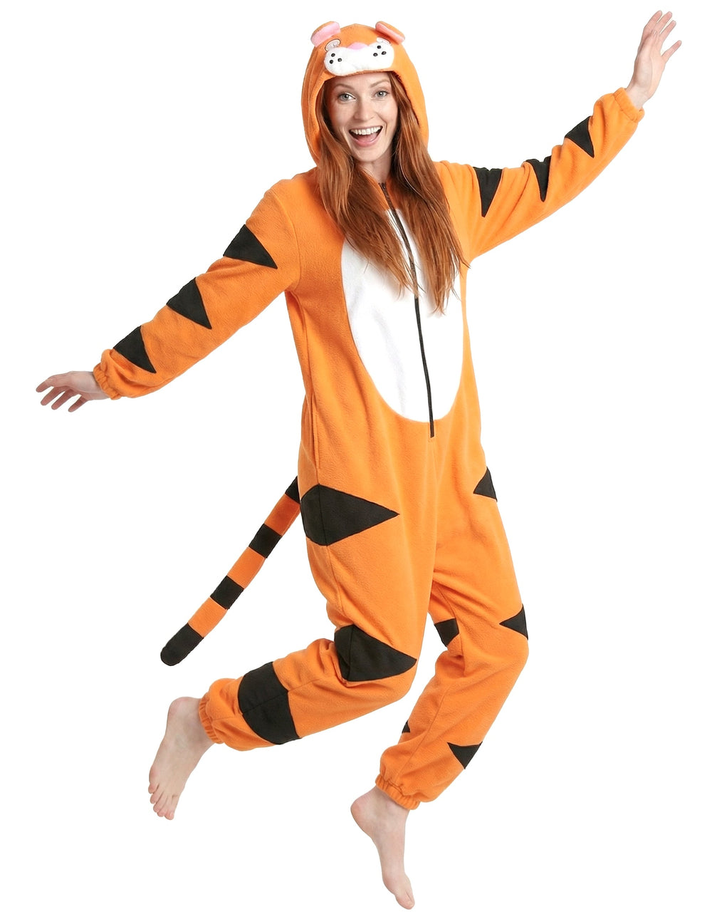 Combinaison à capuche tigre pour femme orange et noir avec queue et ventre blanc