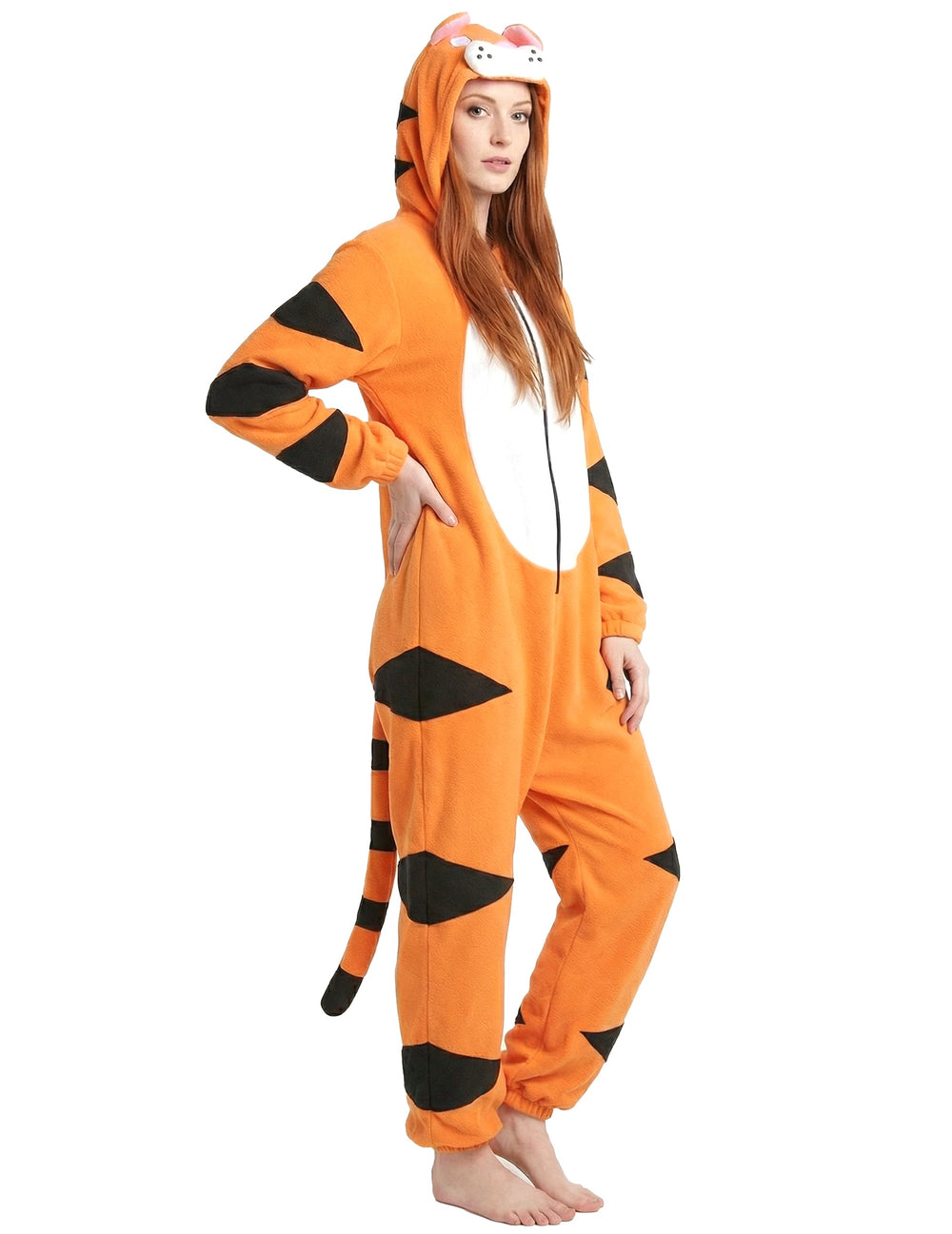 Vue de profil de la combinaison à capuche tigre
