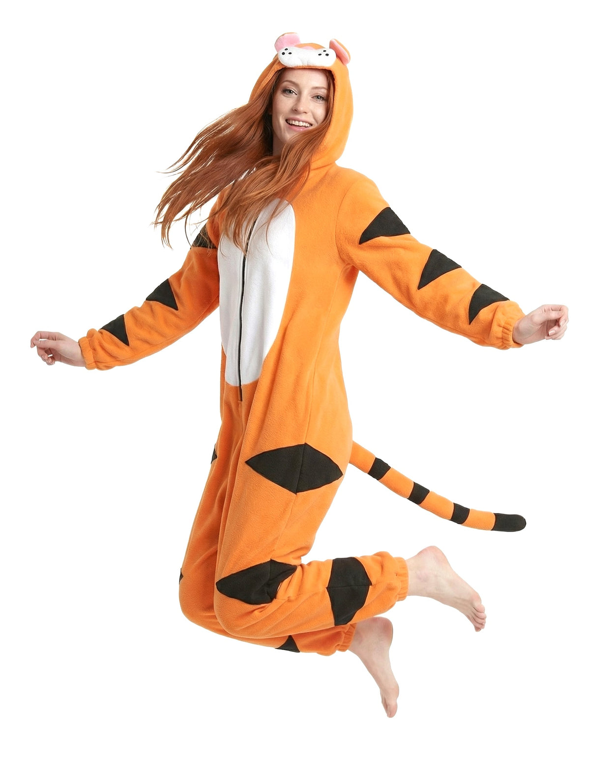 Vue en mouvement de la combinaison à capuche tigre