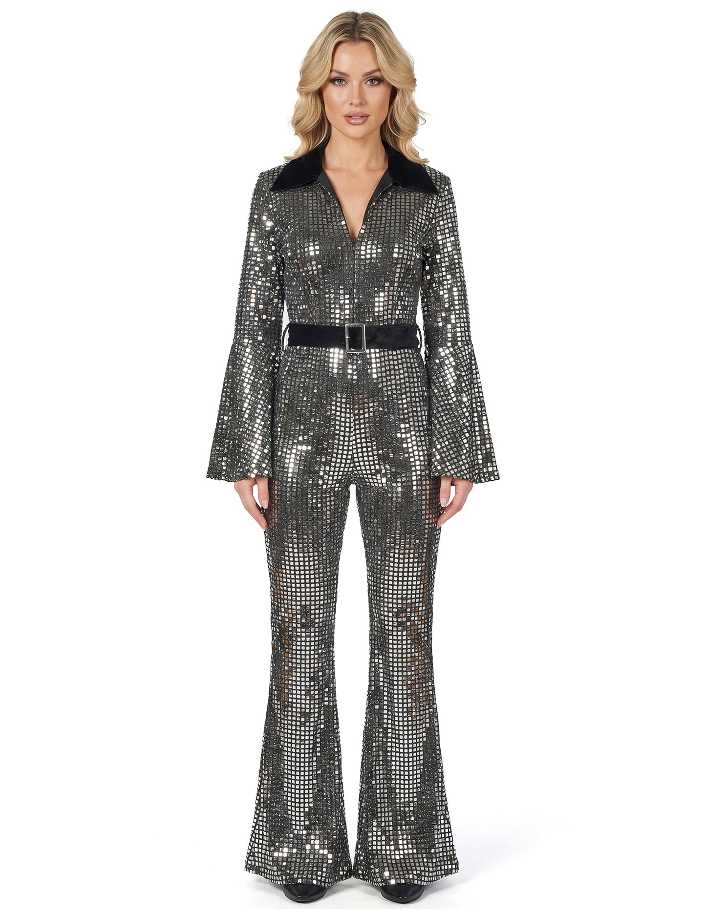 Srebrn disko kombinezon za ženske z vrhunskim pasom