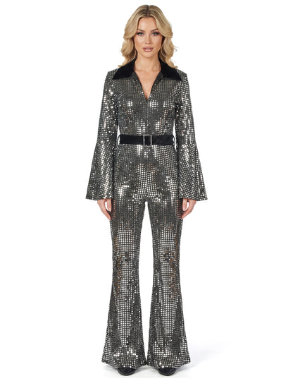 Srebrn disko kombinezon za ženske z vrhunskim pasom