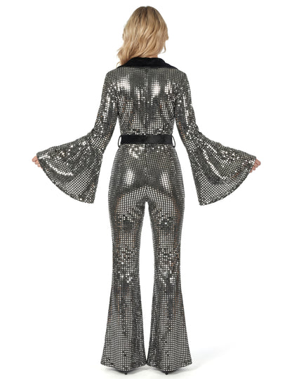 Srebrn disko kombinezon za ženske z vrhunskim pasom