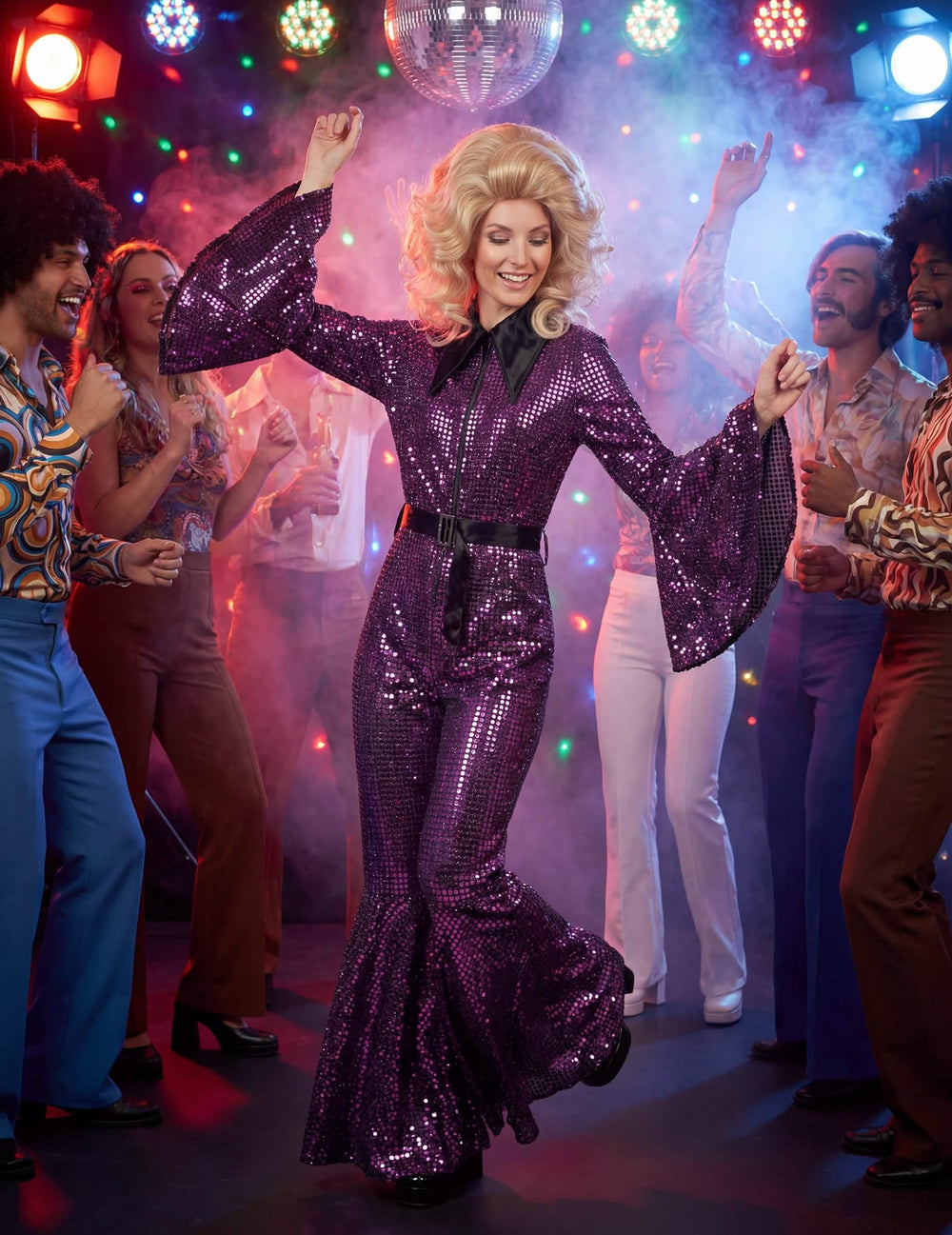 Mise en situation festive de la combinaison disco pour femme violette avec ceinture
