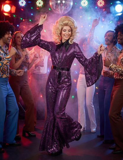 Ženski vijolični disko kombinezon z vrhunskim pasom